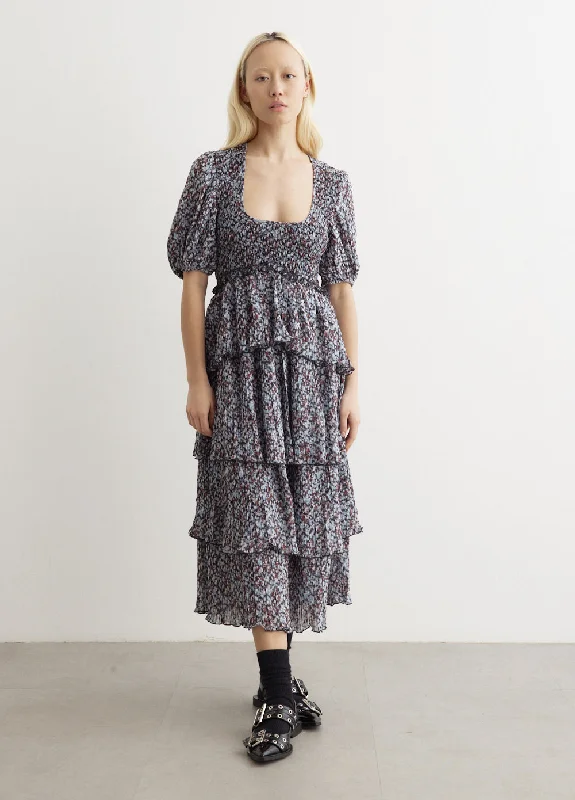 Pleated Georgette Layer Smock Midi Dress