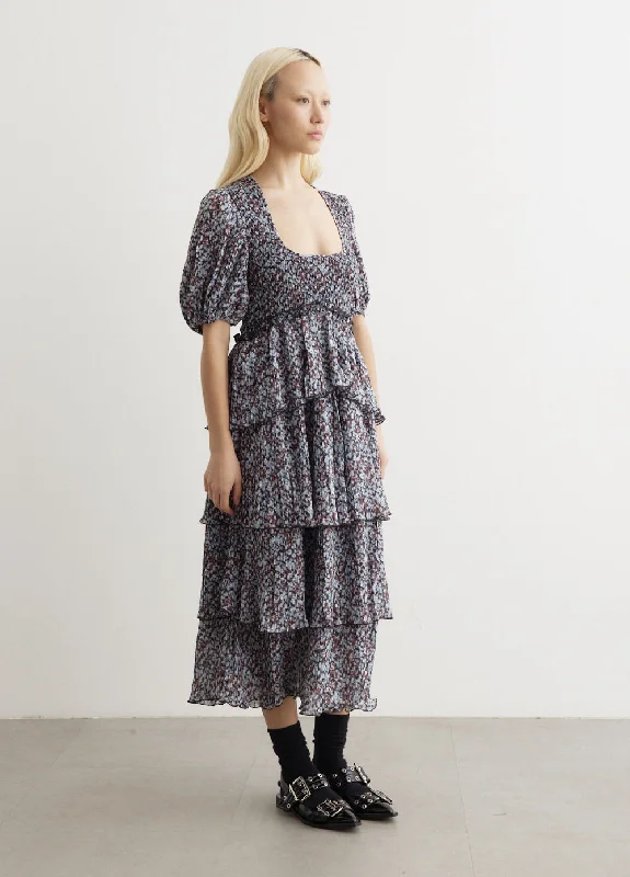 Pleated Georgette Layer Smock Midi Dress