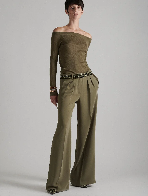 Wide-leg trousers in khaki fluid crepe