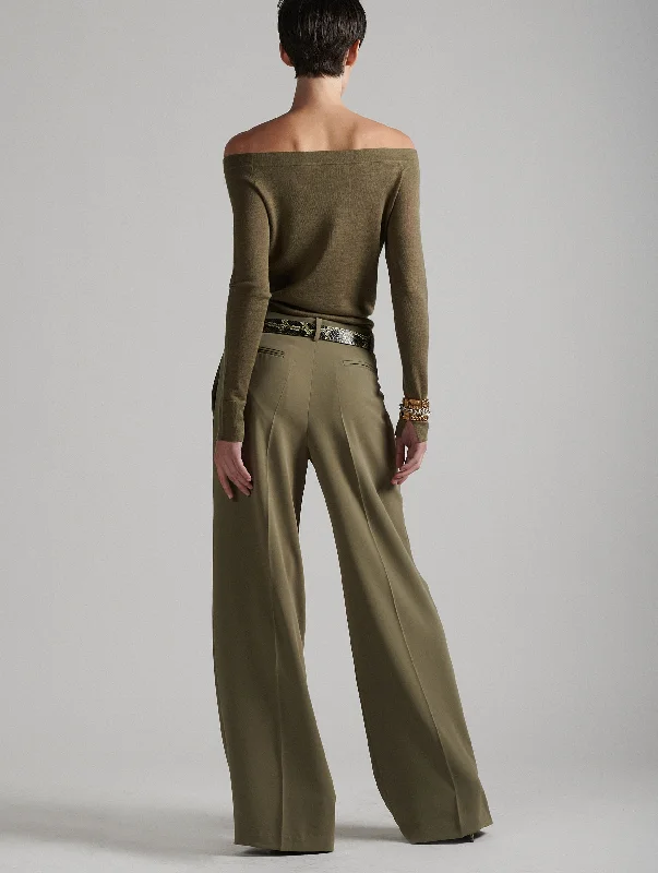 Wide-leg trousers in khaki fluid crepe