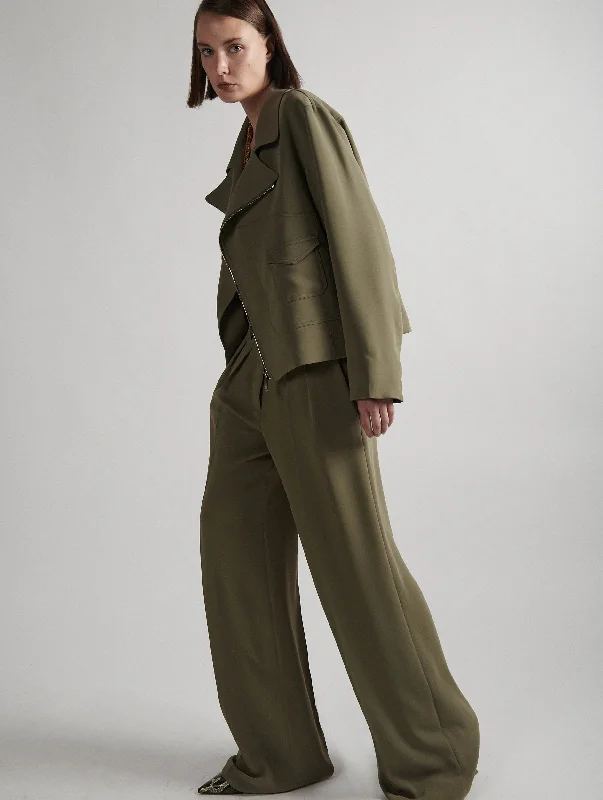 Wide-leg trousers in khaki fluid crepe