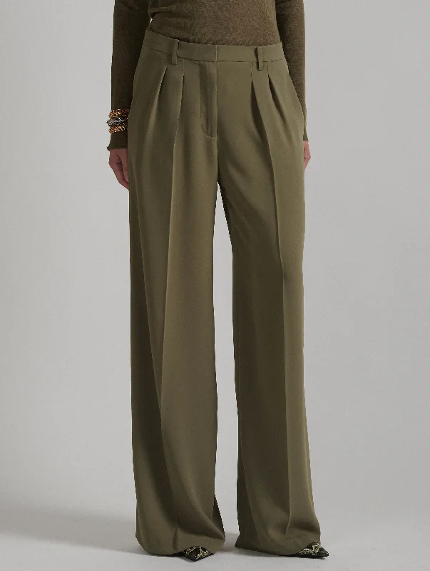 Wide-leg trousers in khaki fluid crepe