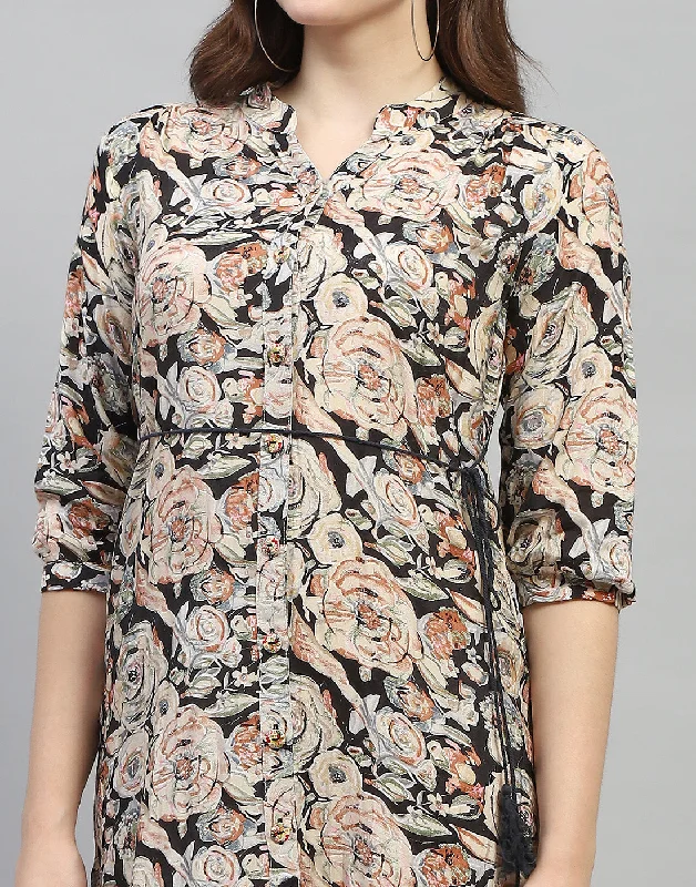 Women Black Floral Print V Neck 3/4 Sleeve Dress