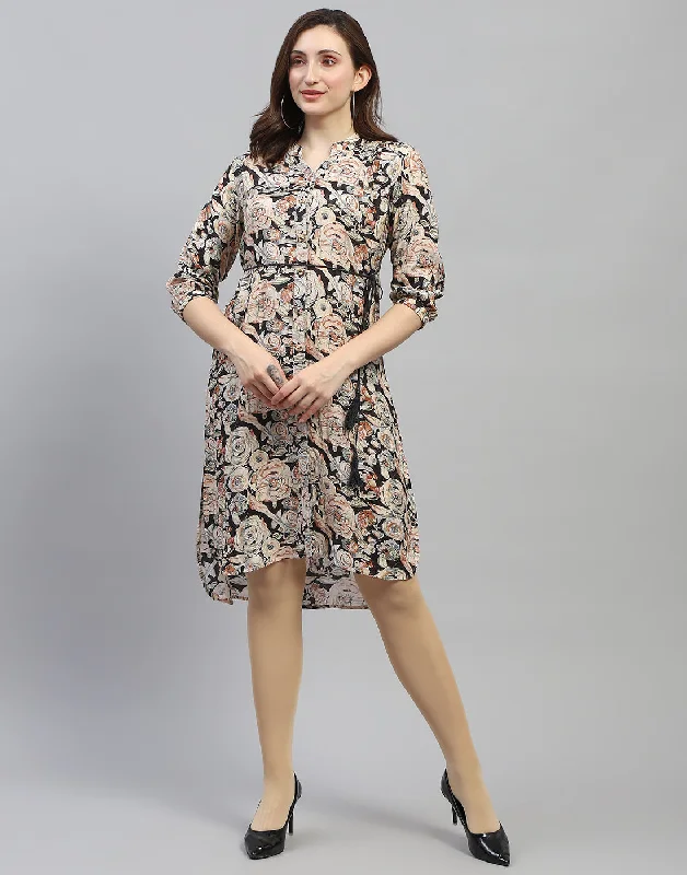 Women Black Floral Print V Neck 3/4 Sleeve Dress