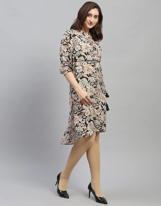 Women Black Floral Print V Neck 3/4 Sleeve Dress