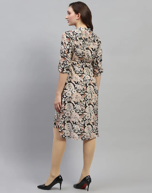 Women Black Floral Print V Neck 3/4 Sleeve Dress