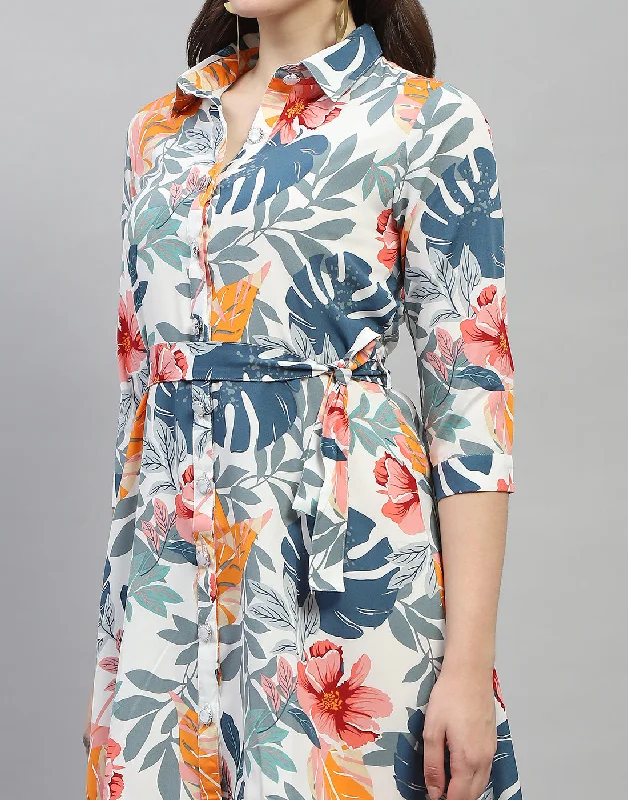 Women Off White Floral Print Collar Neck 3/4 Sleeve Dress