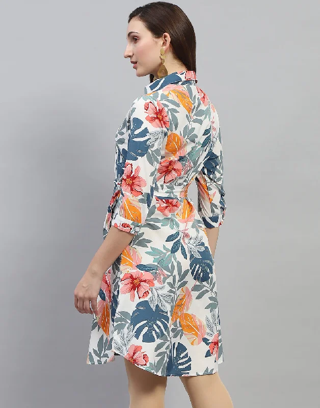 Women Off White Floral Print Collar Neck 3/4 Sleeve Dress