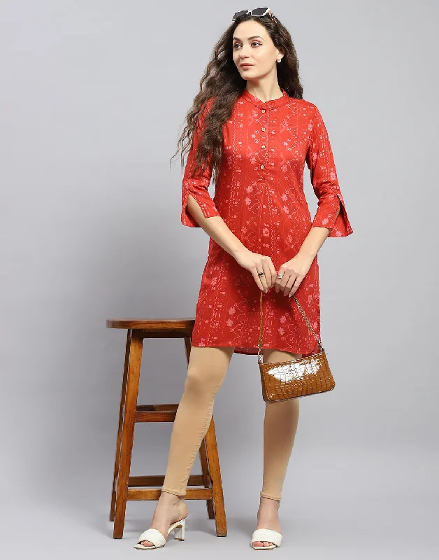 Women Rust Printed Mandarin Collar 3/4 Sleeve Tunic