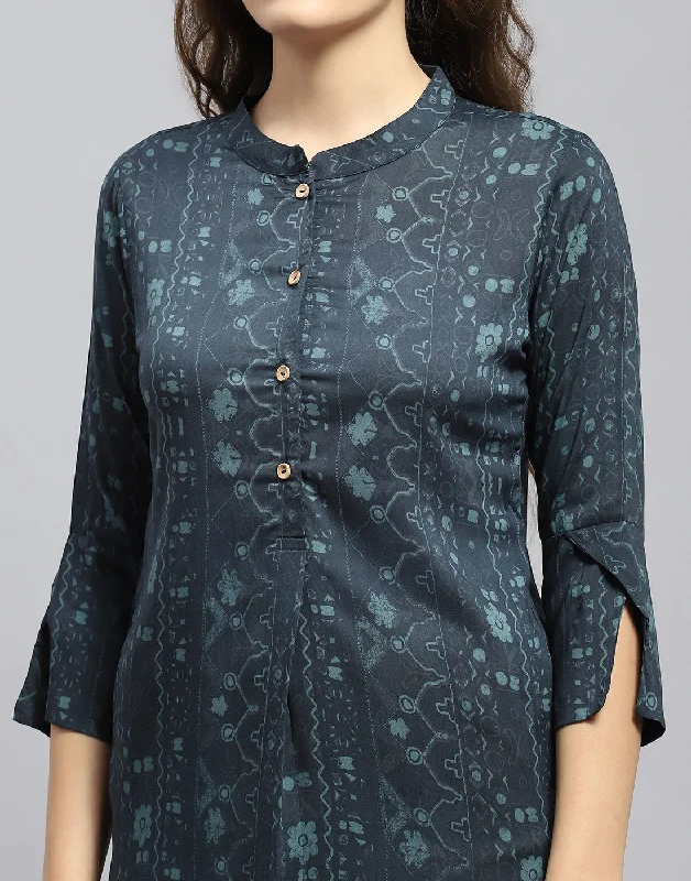 Women Teal Blue Printed Mandarin Collar 3/4 Sleeve Tunic