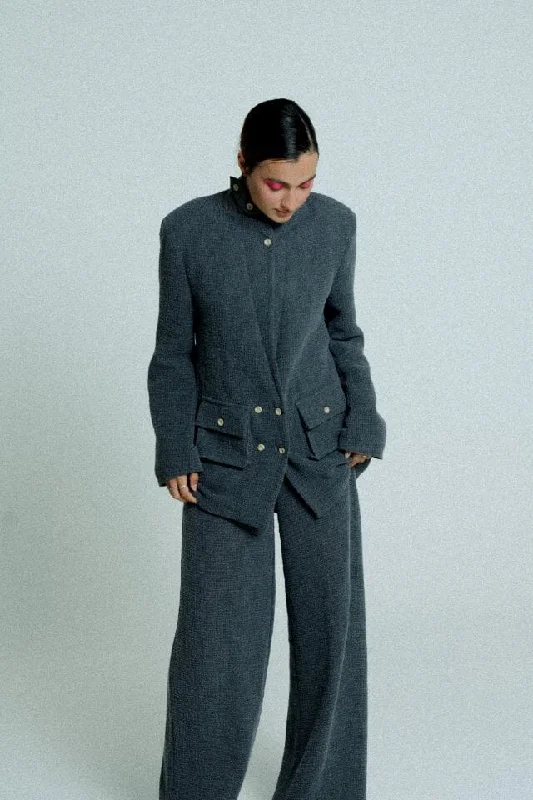 Light Weight Cotton Knit Long Wide Trousers Dark Grey