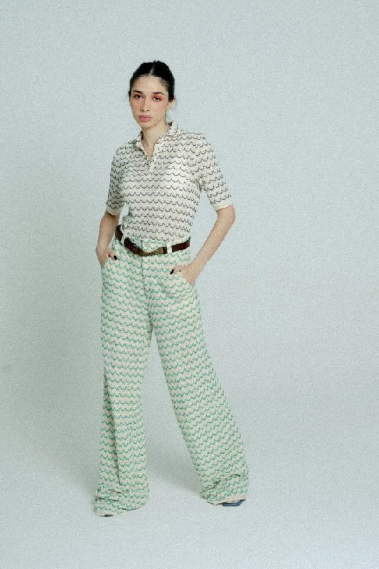 Light Weight Cotton Knit Long Wide Trousers Green