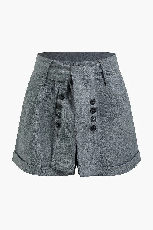 Pleated Shorts With Belt And Button Detail