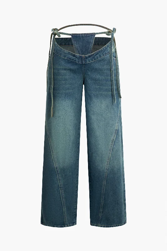 Denim Cut Out Washed Tie-Up Jeans