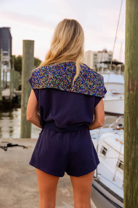 Navy Multi Rhinestone Pocket Short