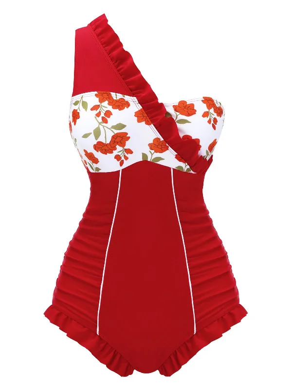 1950s One-shoulder Ruffle One-piece Swimsuit