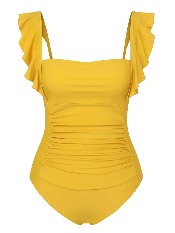 1950s Ruffles Backless Solid One-Piece Swimsuit