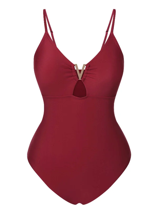 1950s Solid Hollow V-Neck One-Piece Swimsuit