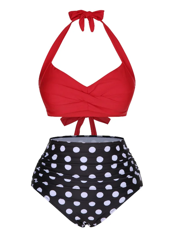 1960s Polka Dot Halter Back Strap Swimsuit