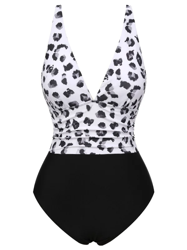 Black 1930s Leopard Patchwork V-Neck Swimsuit