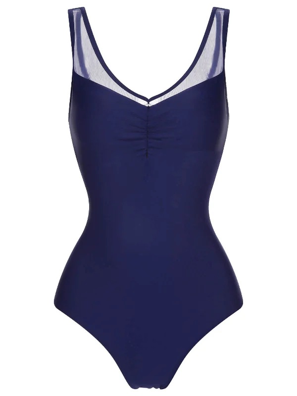 Deep Blue 1930s Solid Back Cross Swimsuit