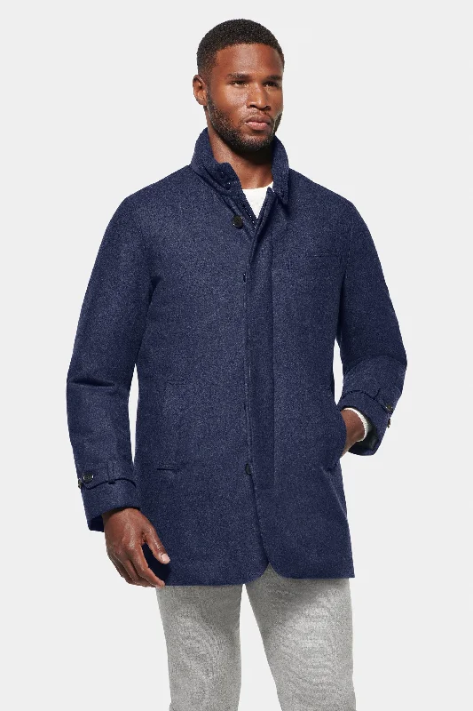 Hooded Cashmere Car Coat, Blue Melange