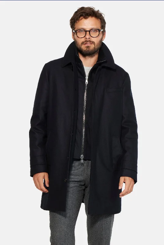 Hooded Stretch Wool Euro Coat, Black