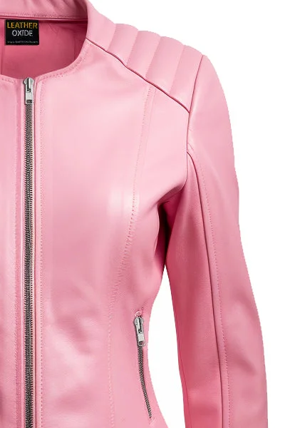 Women Biker Jacket Pink Faux Leather