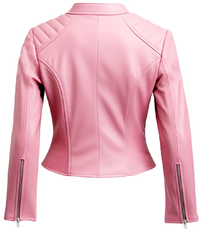 Women Biker Jacket Pink Faux Leather