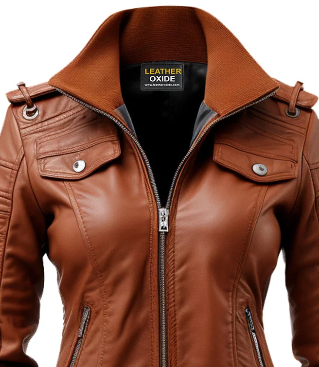 Women Leather Jacket Brown Bomber