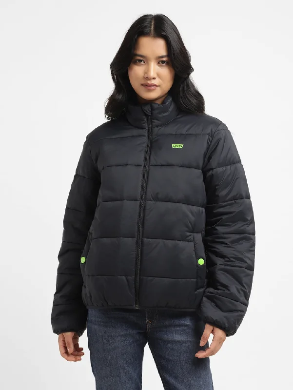 Women's Solid Black High Neck Jacket